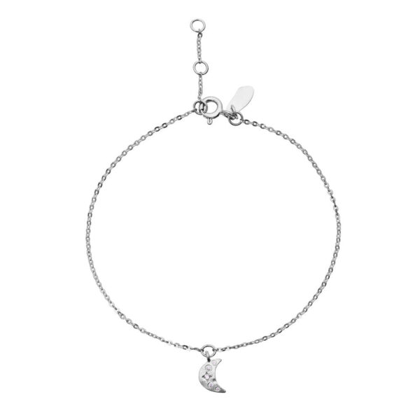 Maanesten - Celestia armbånd - sølv - Smykker > Armbånd > Armbånd  Celestia armbåndet er designet med en justerbar kæde og et hængende månevedhæng med zirkoner. Armbåndet måler 17 + 2 cm.  Maanestens smykker er lavet af genanvendt sterlingsølv (925)