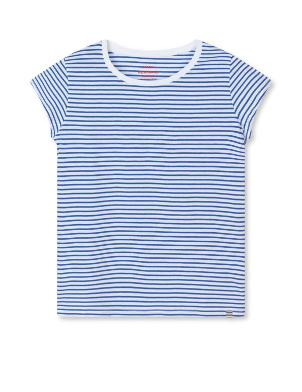 Mads Nørgaard - Organic Jersey Stripe Teasy t - blå - Size (s) - Tøj > T-shirts > T-shirts  Denne blå og hvid stribet t-shirt fra Mads Nørgaard er designet i en let tætsiddende pasform. T-shirten er fremstillet i 100% blødt og økologisk bomuld. Ærmerne på trøjen er helt korte og halsen er rund.