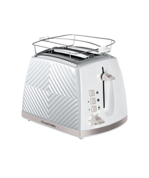 Russell Hobbs - Groove 2S toaster - hvid - Køkkenudstyr > Køkkenmaskiner > Brødristere  Toaster fra Russell Hoobbs til 2 skiver brød. Toasteren har 6 niveauer og niveauerne reguleres ved hjælp af skiven nederst. En bredere åbning gør det nemt at riste tykkere skiver brød. Derudover har toasteren funktionen genopvarmning til frosne brød.